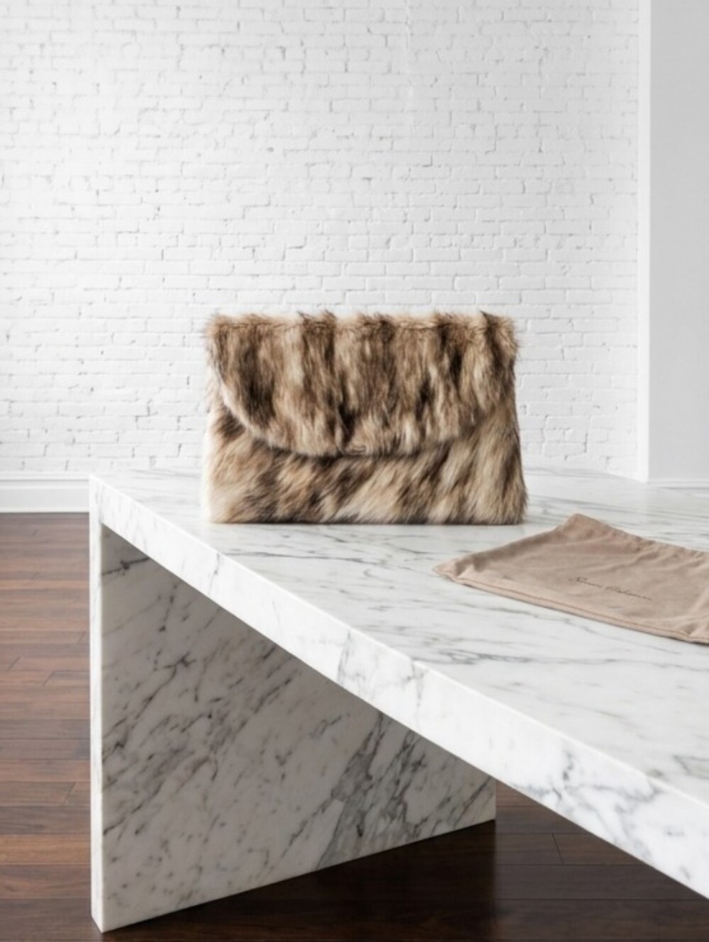 Source Unknown Faux Fur Fold-Over Clutch in Brown, Cream and Black